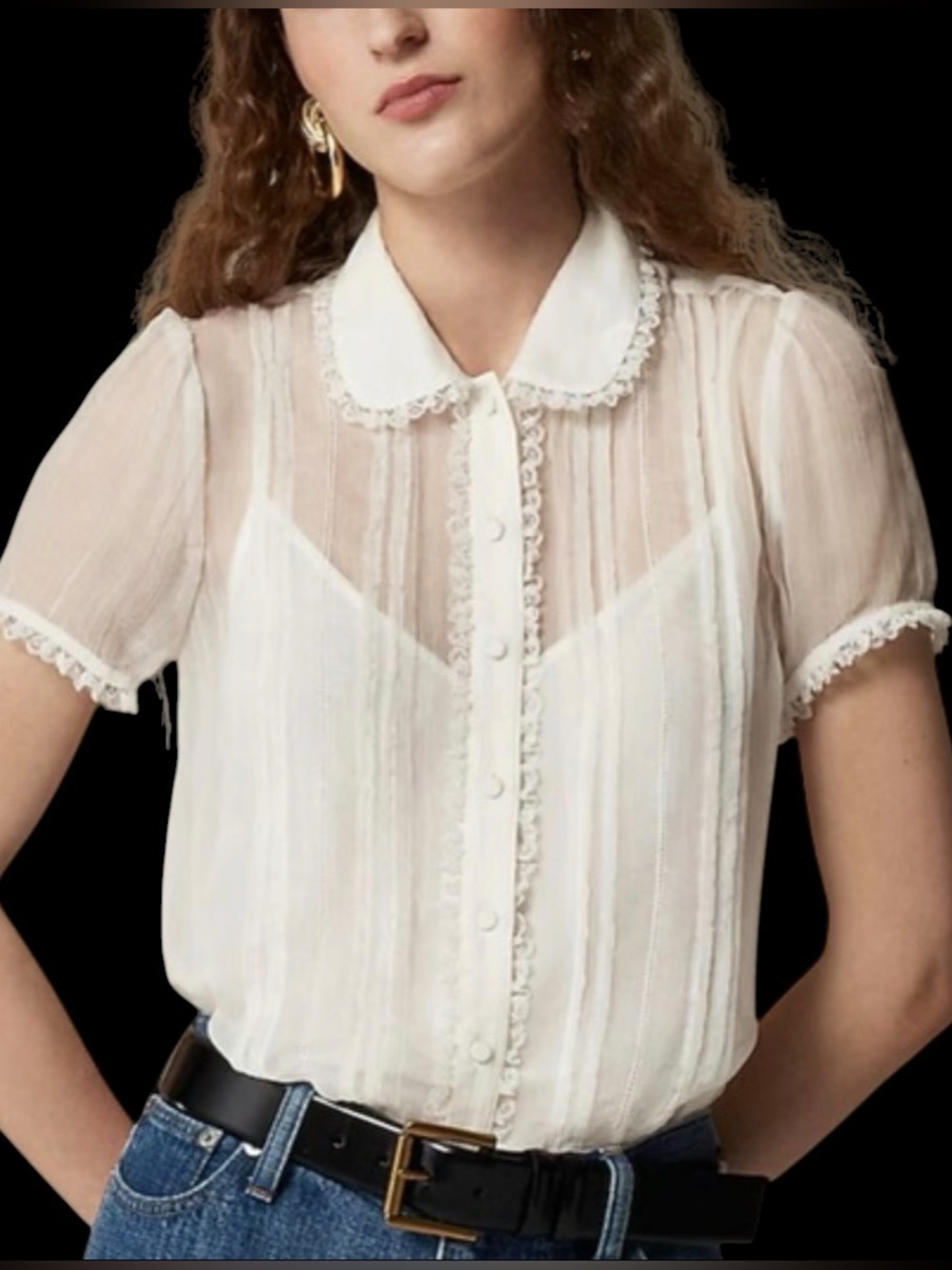 J. Crew Sheer Lace-Trim Collared Short Sleeve Blouse White Size 4 Size Small